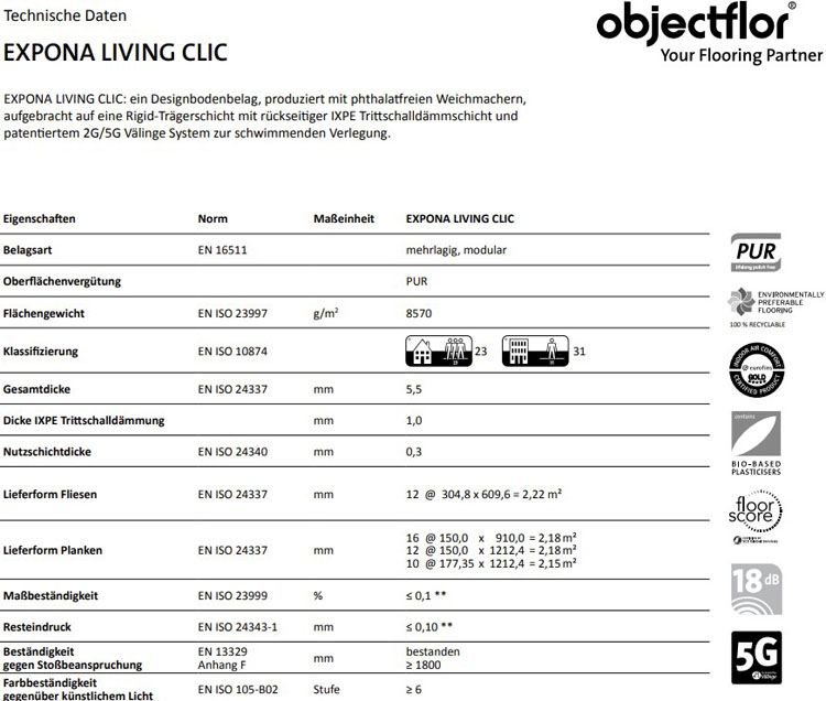 Expona Living objectflor Design Planken Vinylplanken LVT technische_Daten